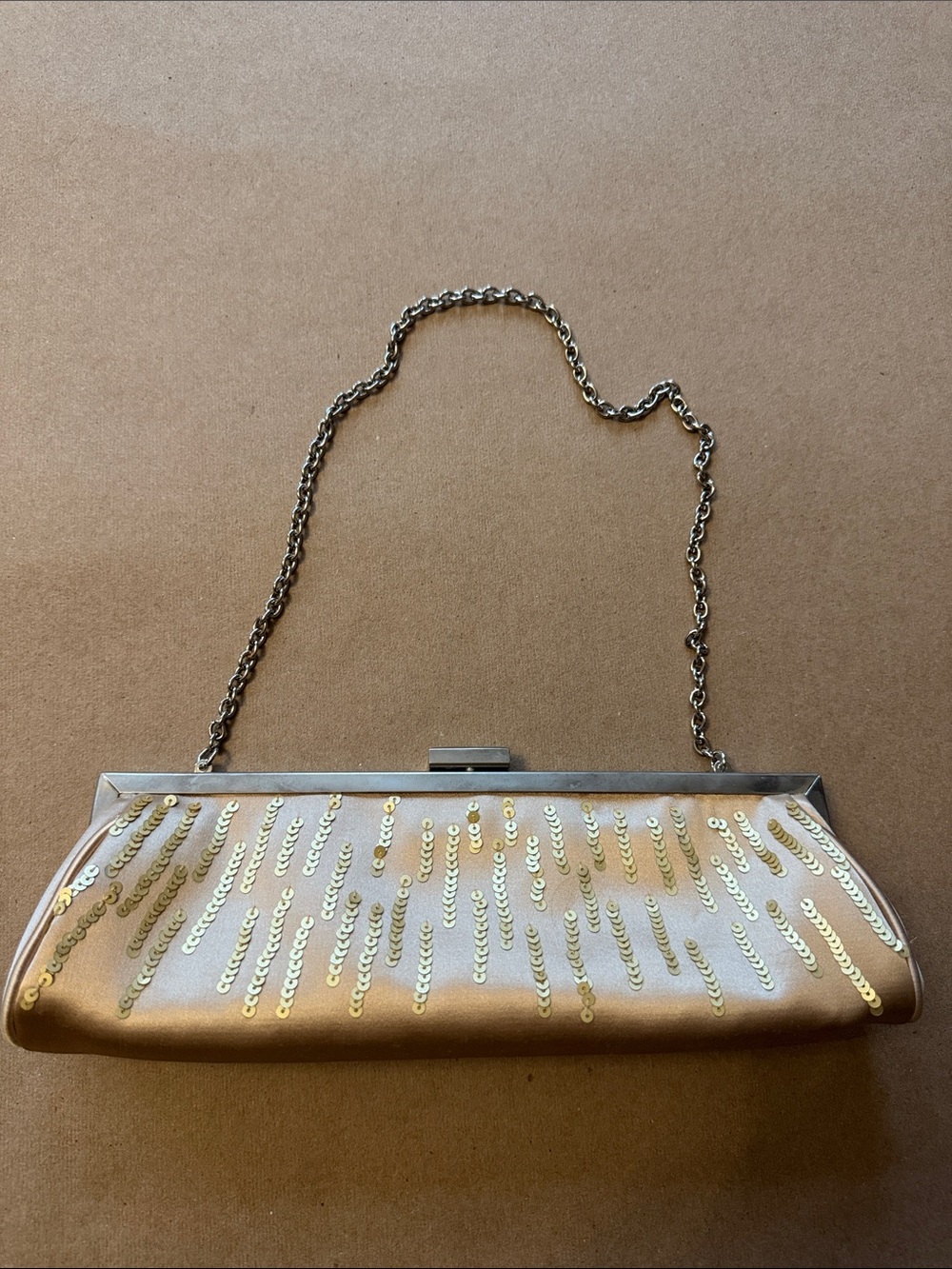 BCBGMaxAzria Gold Sequin Clutch with Chain Strap-small stains at back